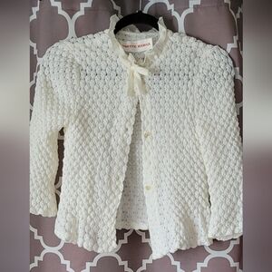Odette Barsa Women's Cream Knit Textured Bed Jacket / Cardigan with Bow Collar